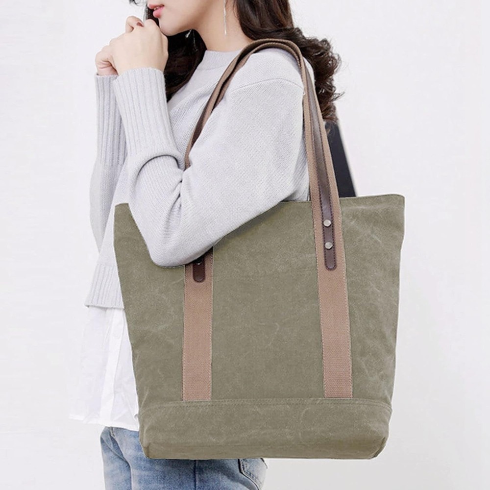 Womens  Canvas Tote/shoulder Bag Boho Army Green LagenLook‎ Maximalist Festival